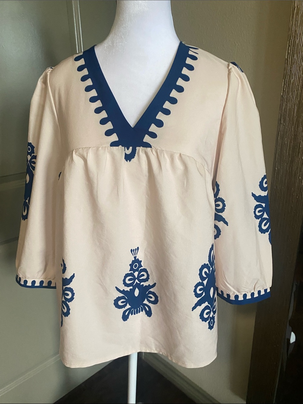 Women's Cream Tunic Top with Blue Embroidery
